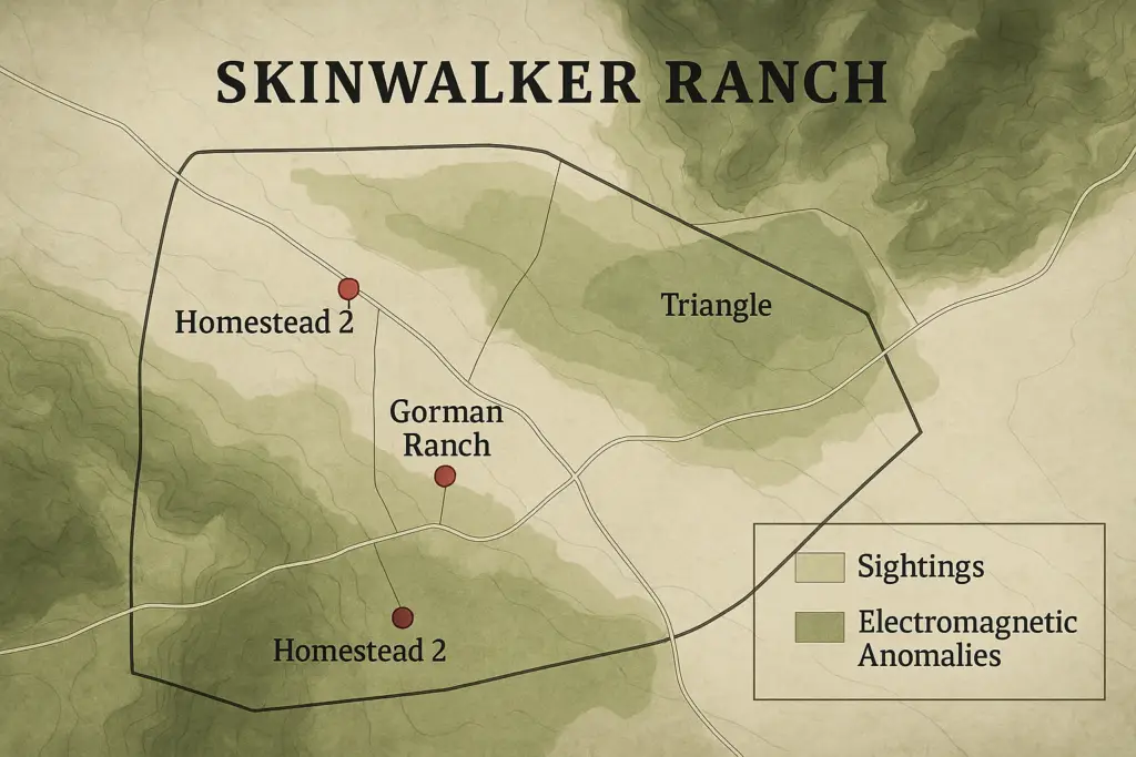 Mapa del Rancho Skinwalker y sus áreas de actividad paranormal