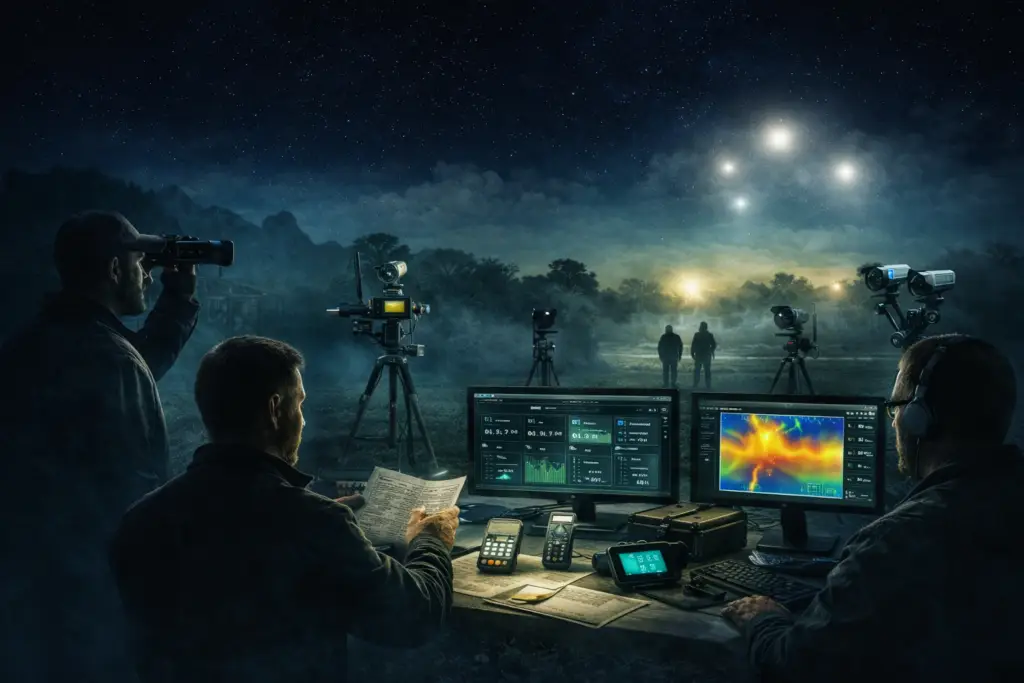 Equipo de investigación utilizando sensores y equipos de medición para analizar fenómenos ambientales durante la Temporada 1 del Rancho Skinwalker