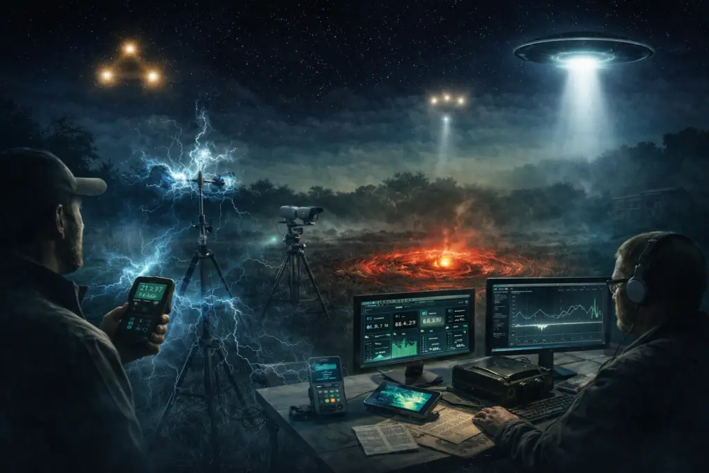 Equipo de investigación registrando anomalías electromagnéticas y avistamientos aéreos durante observaciones de campo en el Rancho Skinwalker