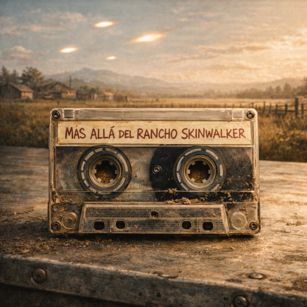 Cassette deteriorado con la etiqueta Más allá del Rancho Skinwalker, situado en un entorno rural aislado con luces anómalas en el cielo, imagen representativa de la investigación documental de la serie.