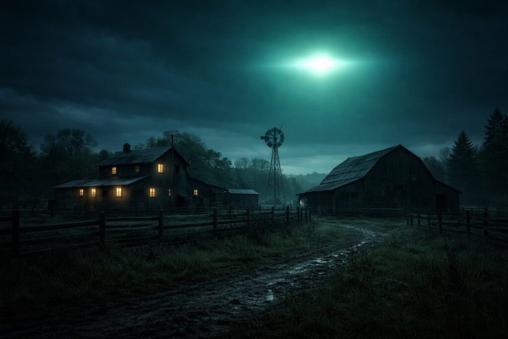 Fotografía hiperrealista de un rancho aislado al anochecer, ambientada en El Secreto del Rancho Skinwalker, temporada 4, con una luz misteriosa en el cielo y atmósfera inquietante.