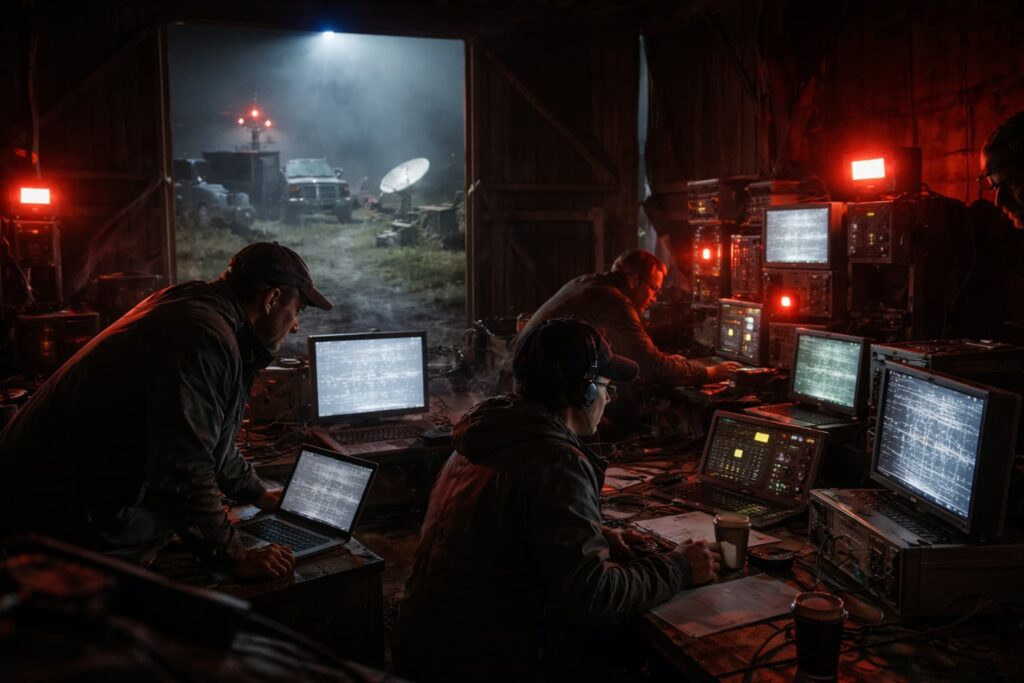 Científicos trabajando de noche en el rancho Skinwalker con dispositivos fallando y luces de advertencia rojas, escena de tensión durante la temporada 4 del documental.