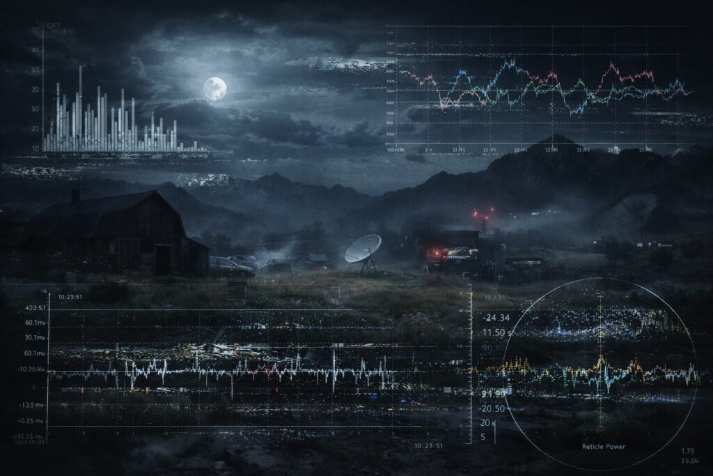 Gráficos científicos distorsionados superpuestos sobre el rancho Skinwalker en la noche, con interferencias visuales y una atmósfera oscura y misteriosa durante la temporada 4 del documental.