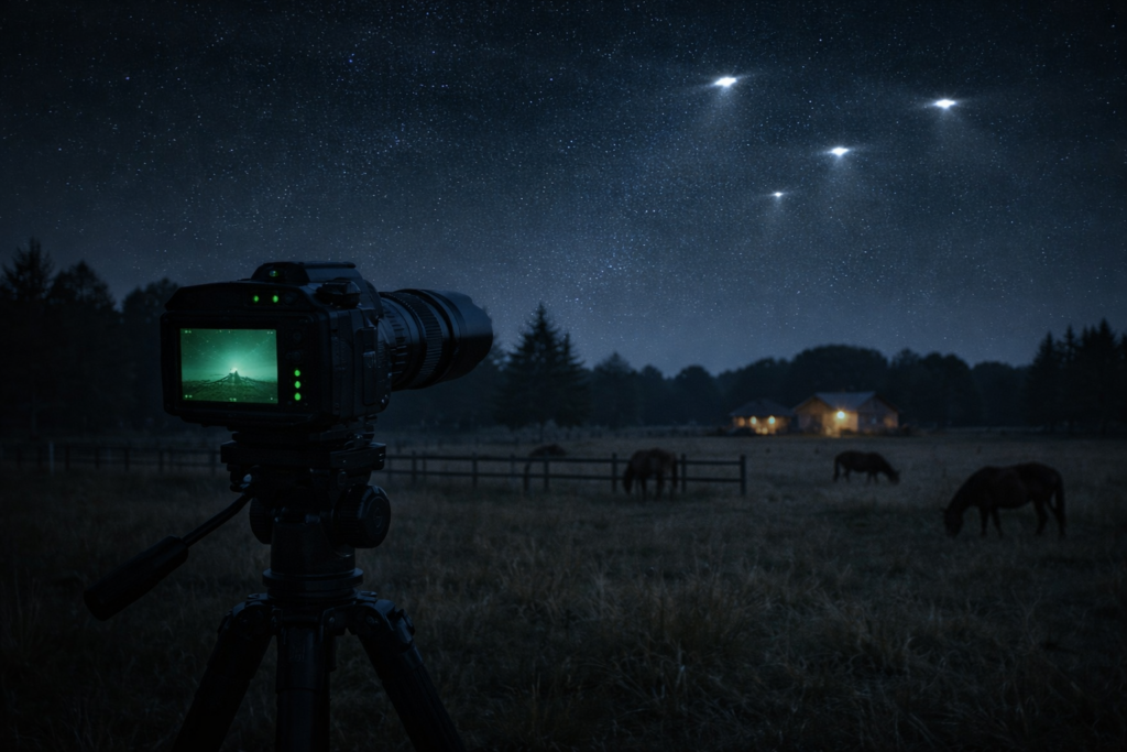 Cámara de visión nocturna grabando el cielo con luces inexplicables sobre un rancho con caballos, escena inspirada en Más allá del rancho Skinwalker temporada 2