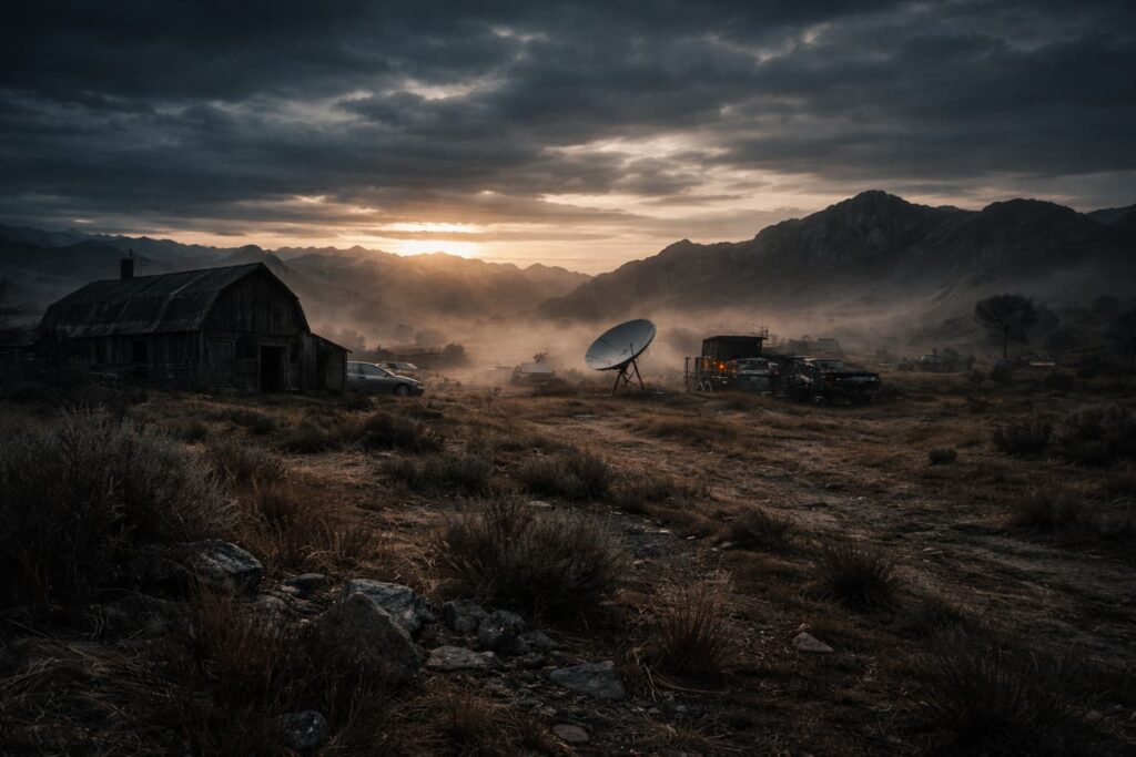 Vista del Rancho Skinwalker al amanecer con terreno árido, sombras alargadas y cielo cubierto, representando el inicio de una jornada de investigación en la temporada 4 del documental.
