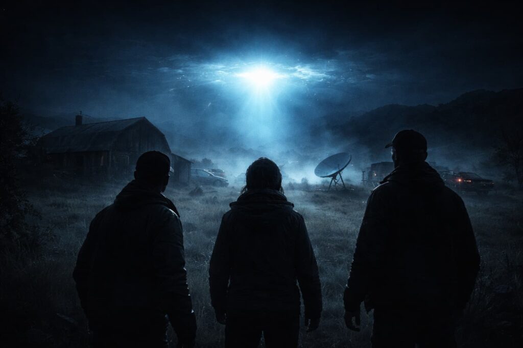 Siluetas humanas observan una luz anómala flotando sobre el Rancho Skinwalker durante la noche, bajo una atmósfera inquietante en la temporada 4 del documental.