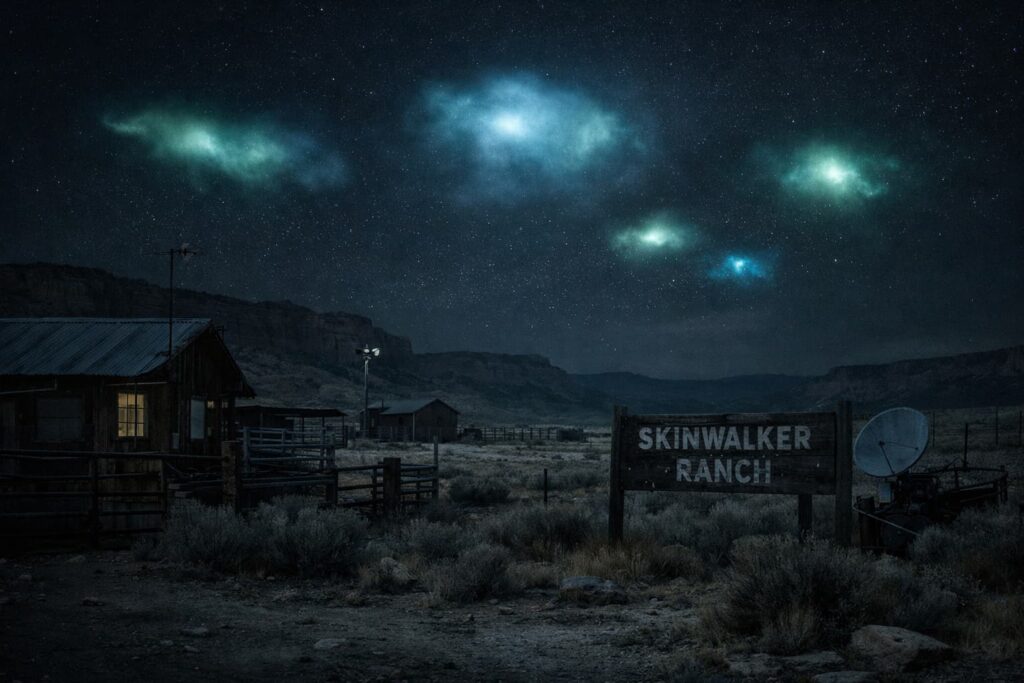 Cielo nocturno sobre el Rancho Skinwalker con luces misteriosas verdes y azules, paisaje desértico y cartel de entrada al rancho, estilo cinematográfico.