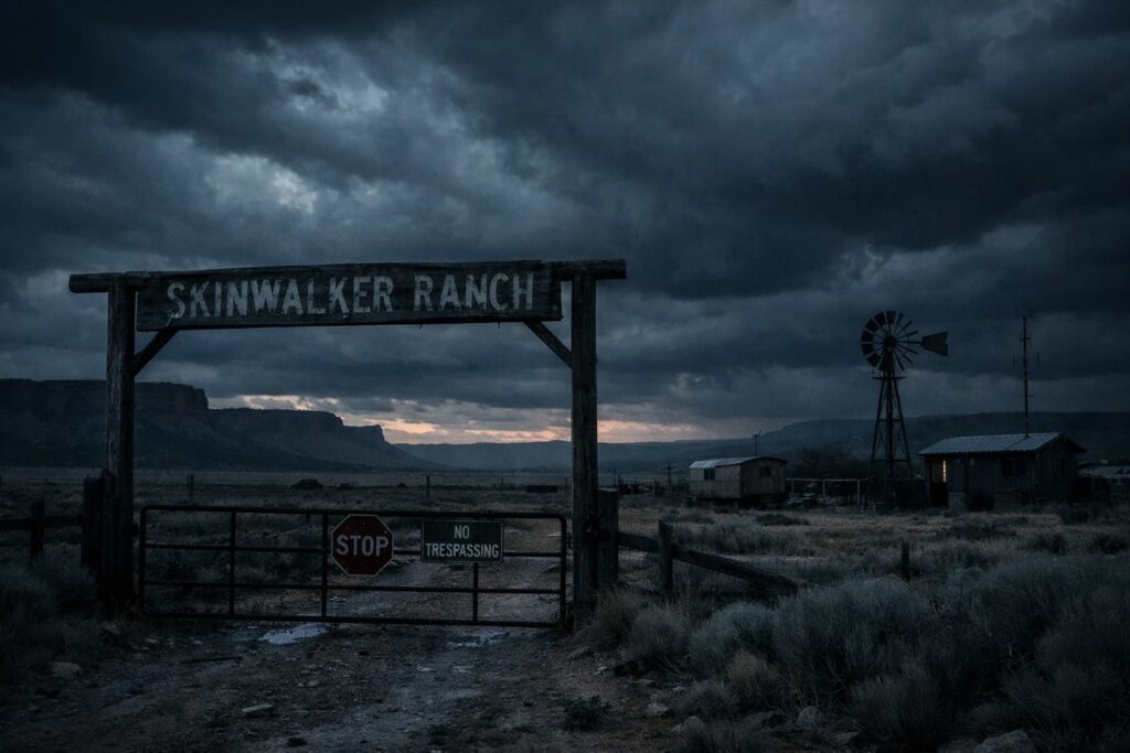 Fotografía hiperrealista del Rancho Skinwalker al atardecer con cielo dramático y ambiente misterioso, inspirada en la temporada 3 de “El Secreto del Rancho Skinwalker”.