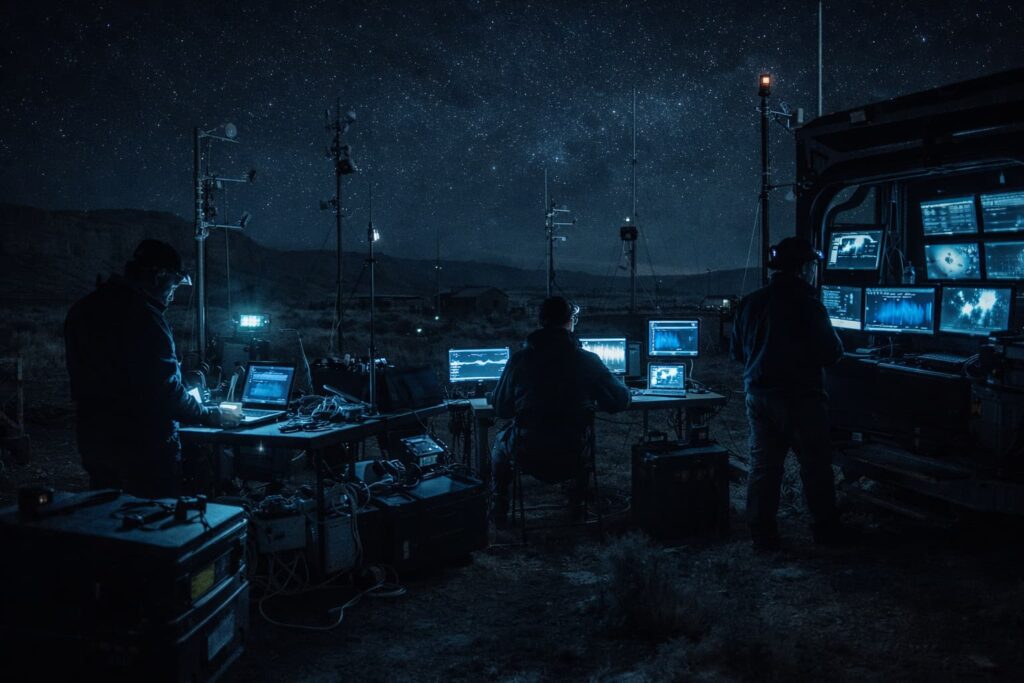 Investigadores con equipos tecnológicos monitorean fenómenos paranormales bajo el cielo estrellado del Rancho Skinwalker durante la temporada 5 del documental.