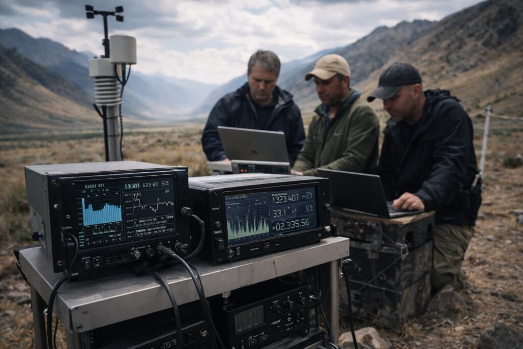 Equipo científico analizando datos de instrumentos de medición en Más allá del Rancho Skinwalker temporada 2 durante una investigación en entorno natural remoto