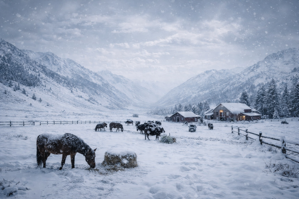 Rancho completamente nevado con caballos y ganado bajo condiciones extremas, escena relacionada con Más allá del rancho Skinwalker temporada 2