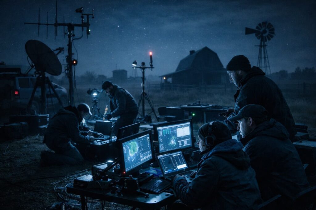 Equipo científico trabaja en un rancho aislado durante la noche con tecnología avanzada, antenas y pantallas digitales bajo iluminación tenue azul, inspirado en El Secreto del Rancho Skinwalker temporada 3.