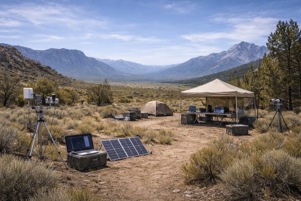 Más allá del Rancho Skinwalker, equipo de investigación científica analizando un entorno natural durante el día con sensores integrados en el paisaje