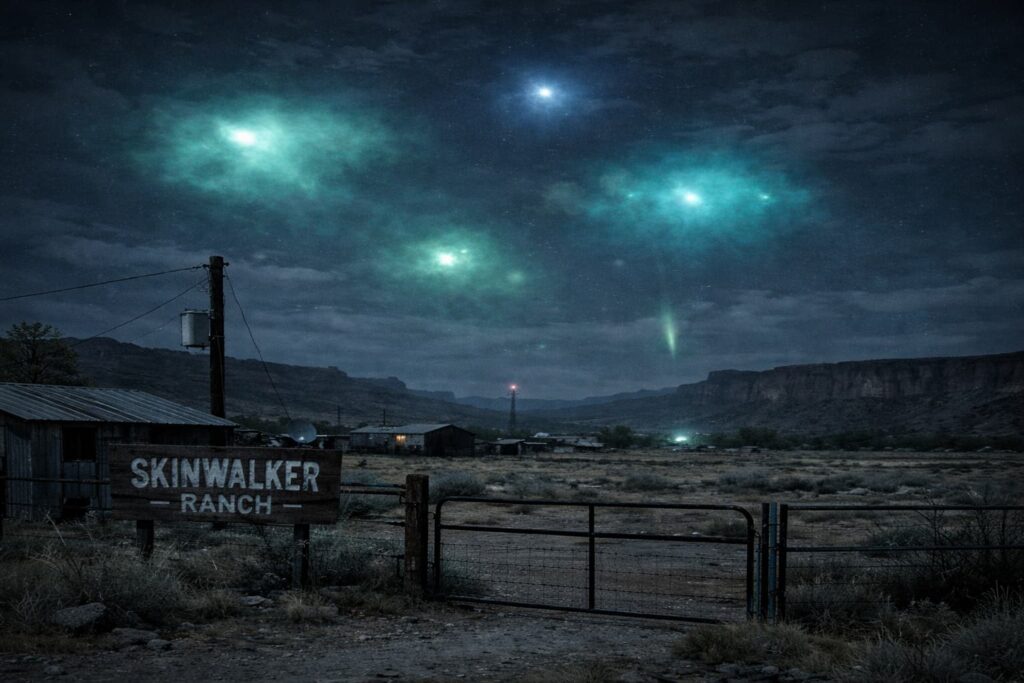 Luces verdes y azules anómalas iluminan el cielo nocturno sobre el Rancho Skinwalker, en una escena desértica capturada en la temporada 5 del documental.