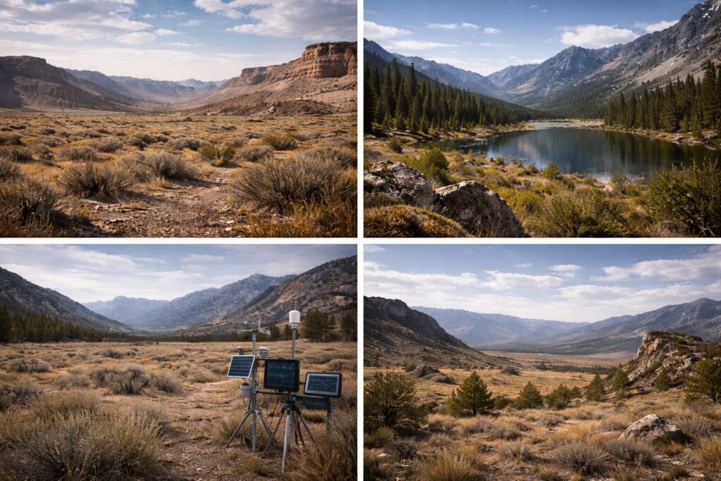 Paisajes remotos investigados durante la temporada 1 de Más allá del Rancho Skinwalker, con zonas desérticas y equipos científicos utilizados para el análisis de fenómenos documentados fuera del rancho original