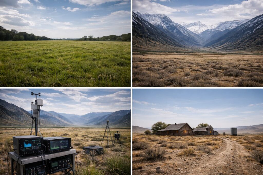 Composición de paisajes investigados en Más allá del Rancho Skinwalker temporada 2 con pasto verde, montañas nevadas, sensores científicos y rancho aislado en zona desértica