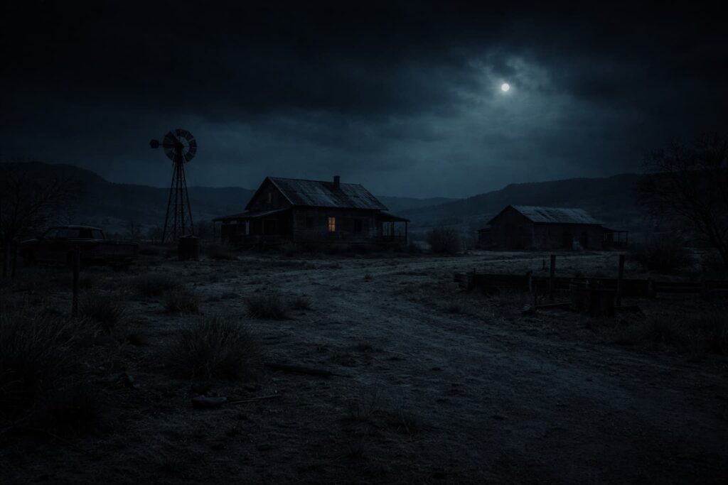 Paisaje nocturno del Rancho Skinwalker con atmósfera inquietante y terreno árido