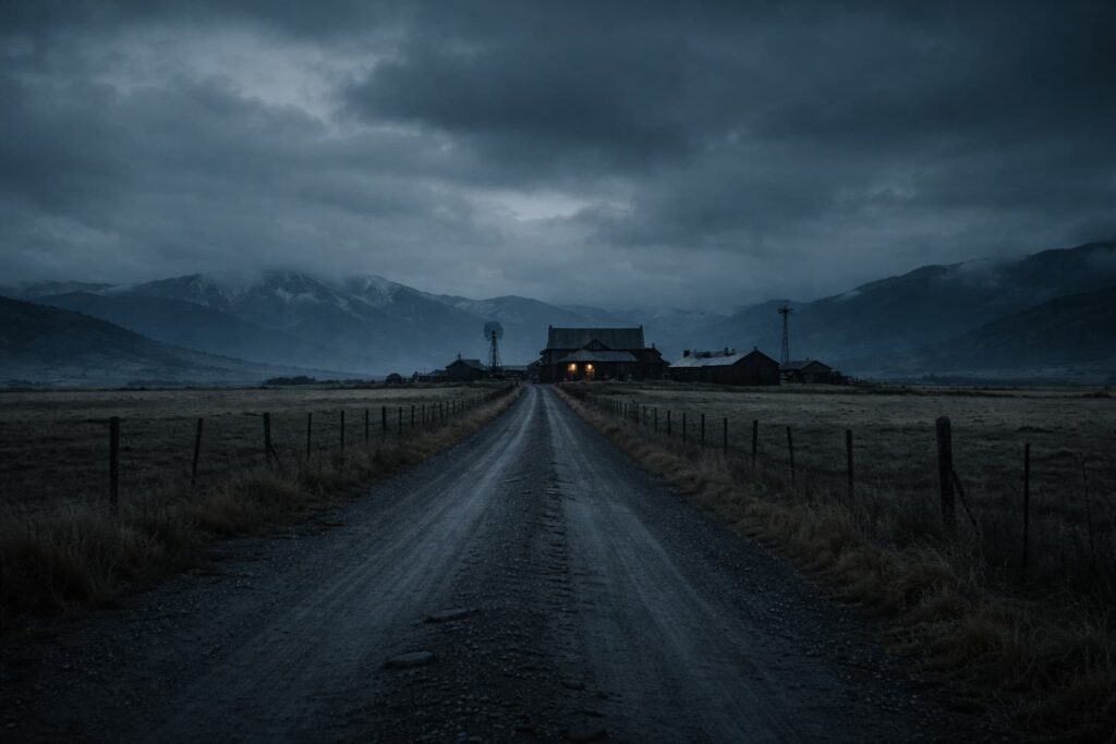 Carretera desierta al atardecer que conduce al Rancho Skinwalker, con cielo nublado y ambiente misterioso, imagen promocional de la temporada 3 de El Secreto del Rancho Skinwalker.
