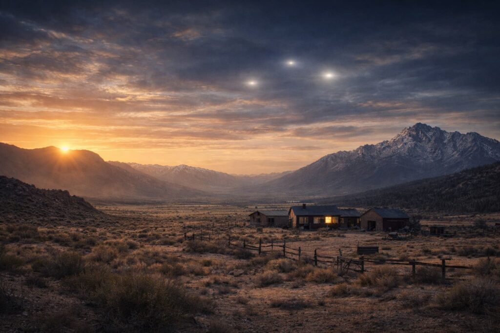 Más allá del Rancho Skinwalker al atardecer, paisaje desértico con un rancho aislado, montañas al fondo y luces anómalas en el cielo durante una investigación documental