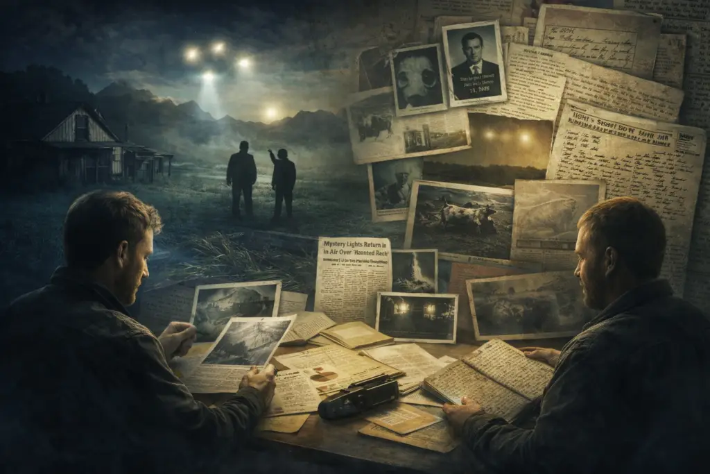 Equipo de investigación analizando documentos y observaciones iniciales en el Rancho Skinwalker durante la Temporada 1