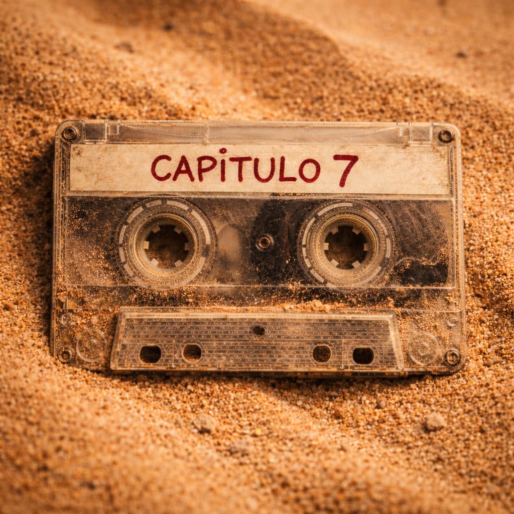 Cassette etiquetado como Capítulo 7 parcialmente enterrado en arena del desierto, imagen representativa de Más allá del rancho Skinwalker temporada 2
