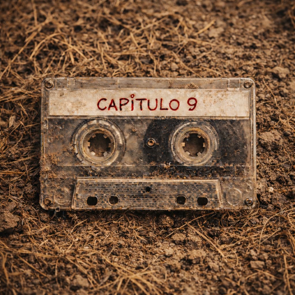 Cassette etiquetado como capítulo 9 de Más allá del Rancho Skinwalker sobre pasto seco y tierra, símbolo visual de la investigación documental en entornos remotos