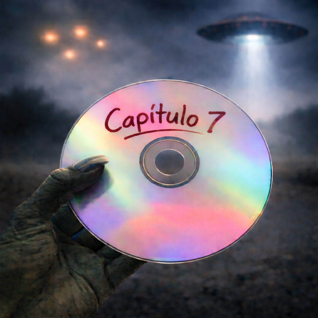 Disco con la inscripción Capítulo 7 sostenido por una mano alienígena, representando un nuevo episodio de la investigación del Rancho Skinwalker