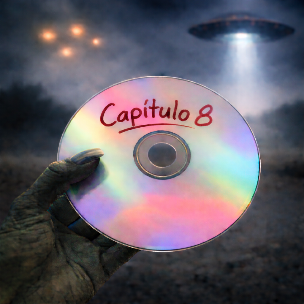 CD etiquetado como Capítulo 8 del Secreto del Rancho Skinwalker sostenido en un entorno nocturno de investigación