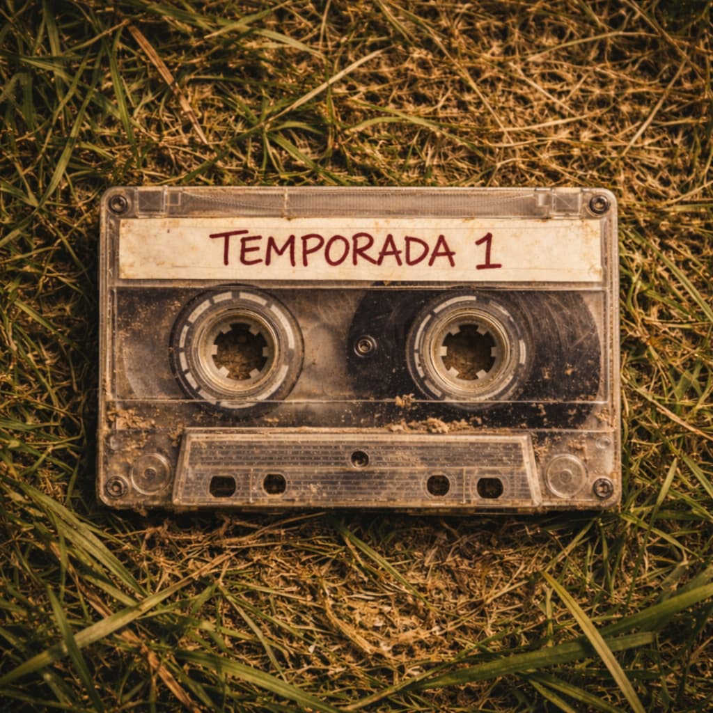 Cassette antiguo etiquetado como Temporada 1 sobre hierba seca, símbolo de los registros iniciales de la serie Más allá del Rancho Skinwalker y su investigación documental.