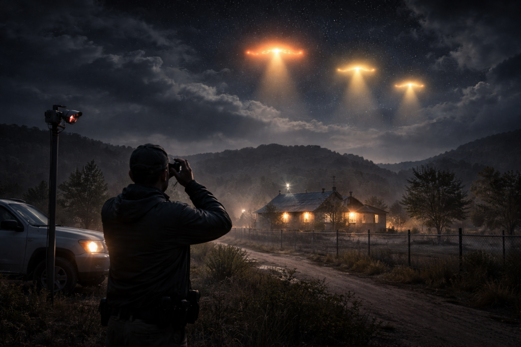 Rancho Skinwalker temporada 2 con luces no identificadas en el cielo durante una investigación nocturna