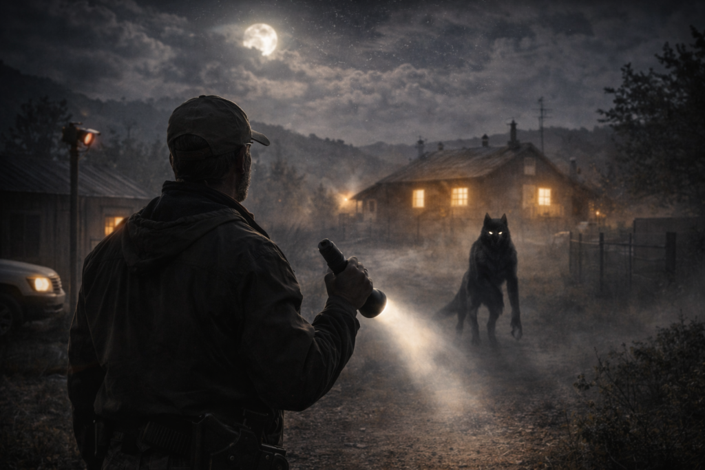 Investigador nocturno en el Rancho Skinwalker observa una figura con forma de lobo entre la niebla