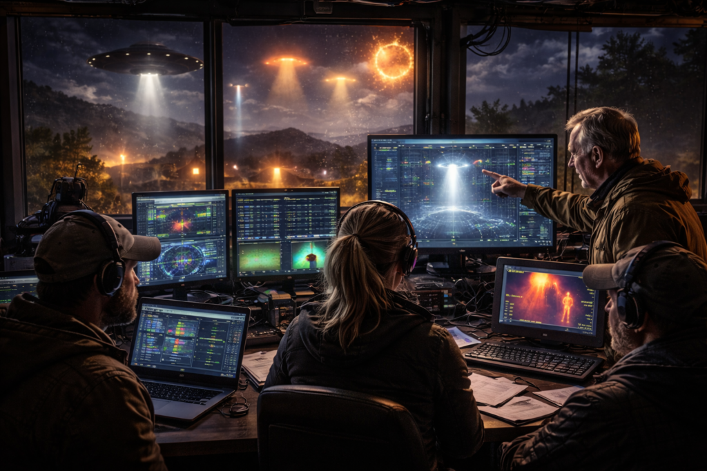 Investigación científica en el Rancho Skinwalker temporada 2 con equipo analizando datos nocturnos